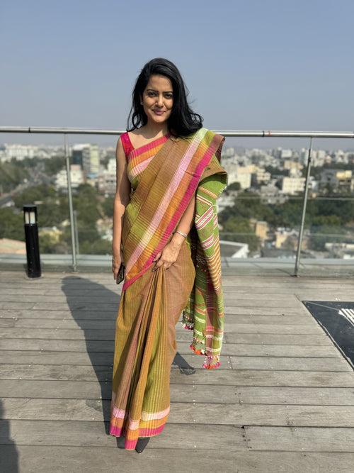 Bhujodi saree - Organic Kala Cotton - green & pink