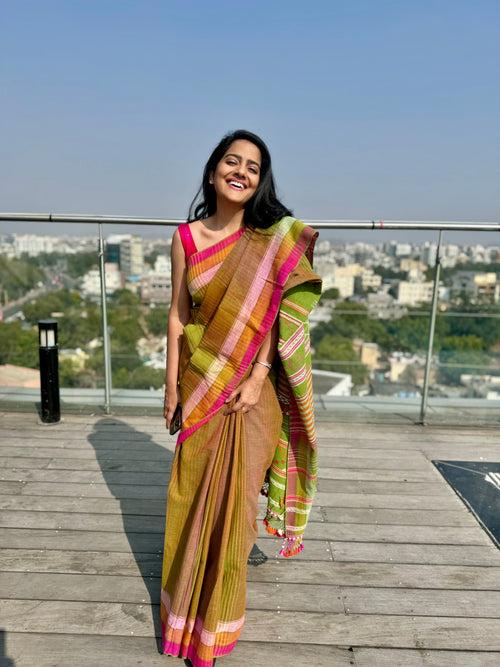 Bhujodi saree - Organic Kala Cotton - green & pink