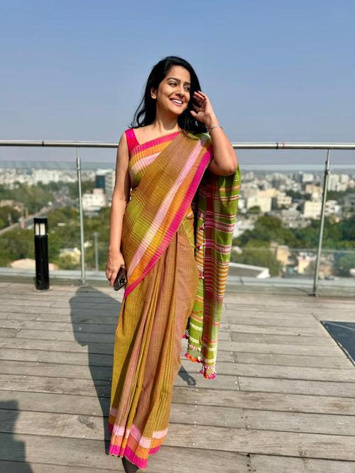 Bhujodi saree - Organic Kala Cotton - green & pink