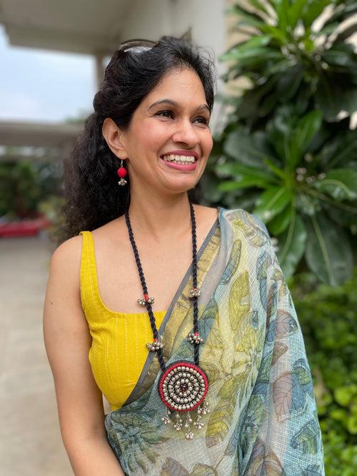 Dark Blue Handcrafted Embroidered long necklace and earrings