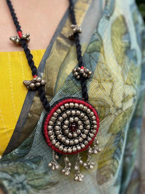 Pink Handcrafted Embroidered long necklace and earrings