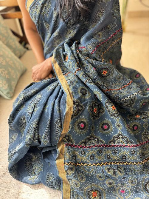 Ajrakh Block Printed Handwoven Linen Saree with Embroidery