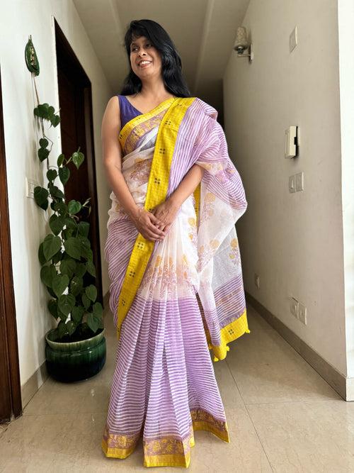 kota doria cotton saree with patchwork border