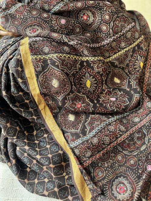 Ajrakh Block Printed Handwoven Linen Saree with Embroidery