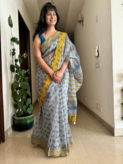 kota doria cotton saree with patchwork border