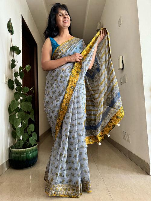 kota doria cotton saree with patchwork border