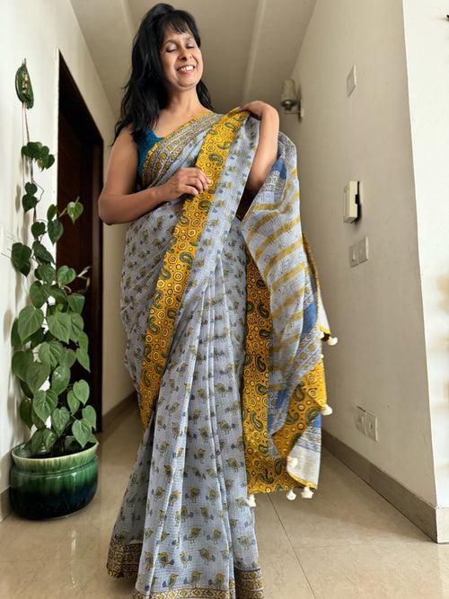 kota doria cotton saree with patchwork border