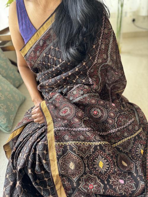 Ajrakh Block Printed Handwoven Linen Saree with Embroidery