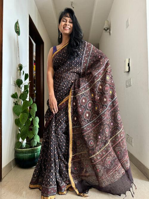 Ajrakh Block Printed Handwoven Linen Saree with Embroidery