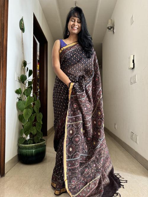 Ajrakh Block Printed Handwoven Linen Saree with Embroidery