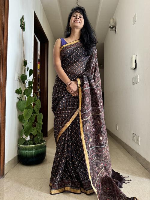 Ajrakh Block Printed Handwoven Linen Saree with Embroidery