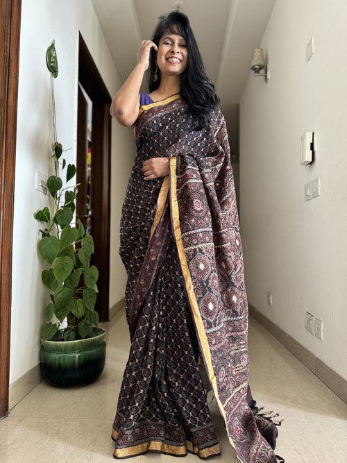 Ajrakh Block Printed Handwoven Linen Saree with Embroidery