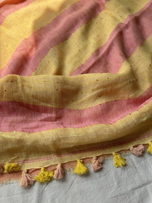 Handwoven Linen yellow saree with woven sitara