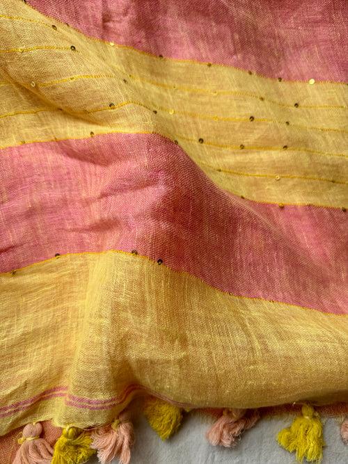 Handwoven Linen yellow saree with woven sitara