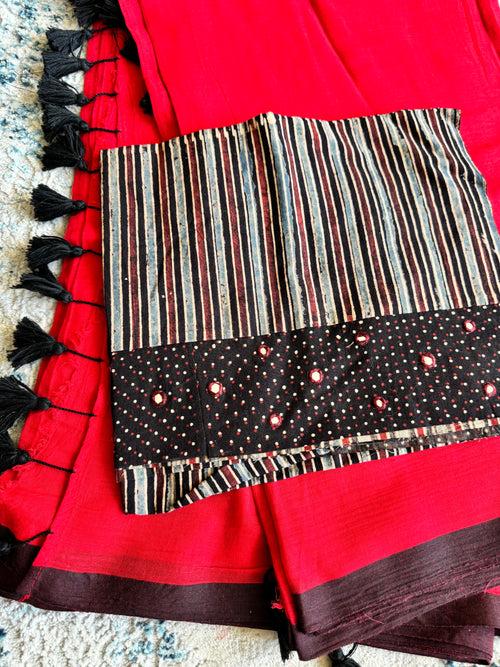 Plain Mul Cotton Saree - Red