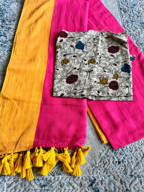 Plain Mul Cotton Saree - Bright Pink with yellow border