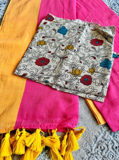 Plain Mul Cotton Saree - Bright Pink with yellow border