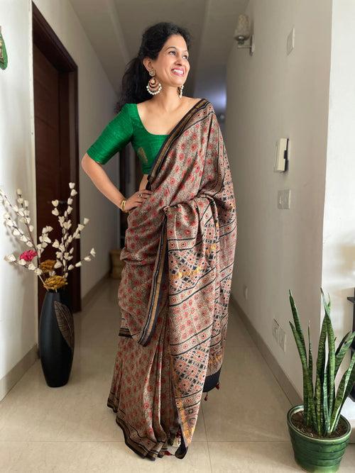 Ajrakh naturally dyed cotton silk saree