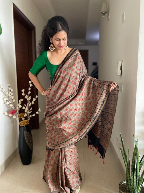 Ajrakh naturally dyed cotton silk saree