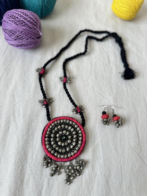 Pink Handcrafted Embroidered long necklace and earrings