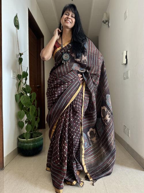 Ajrakh Block Printed Handwoven Linen Saree