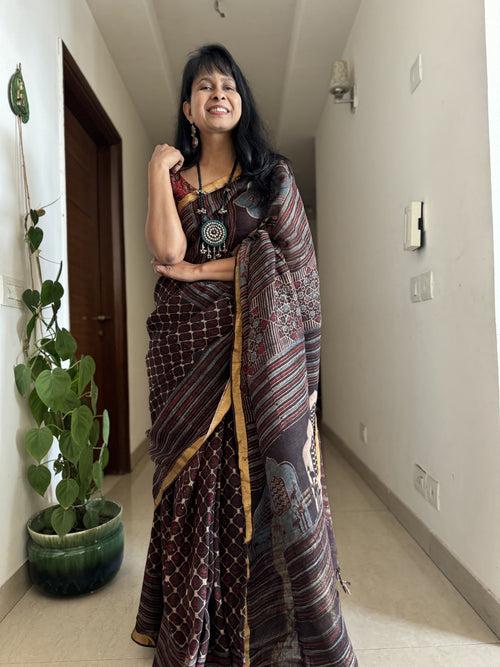 Ajrakh Block Printed Handwoven Linen Saree