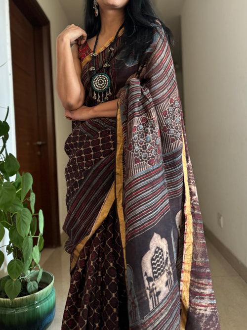 Ajrakh Block Printed Handwoven Linen Saree