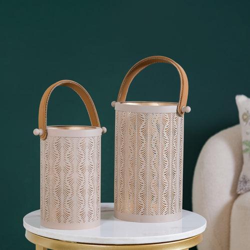 Modern Matte Beige Leaf Cutwork Metal Lantern Set Of 2