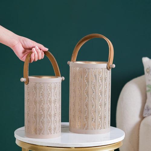 Modern Matte Beige Leaf Cutwork Metal Lantern Set Of 2