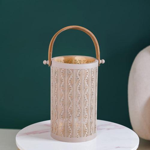 Modern Matte Beige Leaf Cutwork Metal Lantern Set Of 2