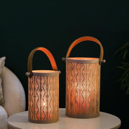 Modern Matte Beige Leaf Cutwork Metal Lantern Set Of 2