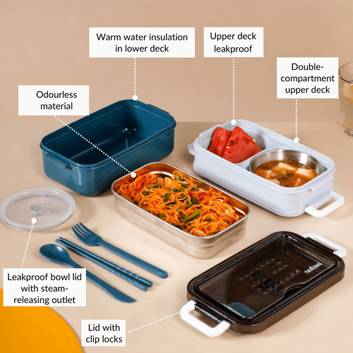 Stackable Insulated Lunch Box With Cutlery Blue 1050ml