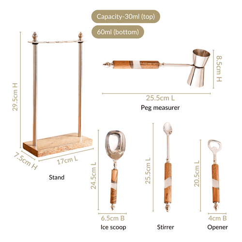 Fusion Wood Resin SS Bar Tool Set Of 4 With Stand