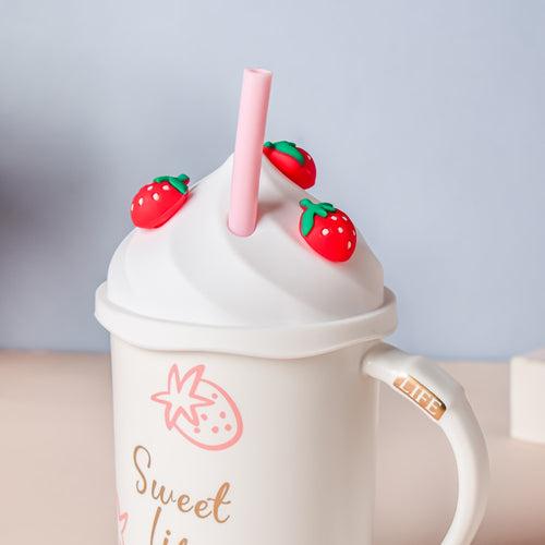 Strawberry Coffee Mug With Lid And Straw 380 ml