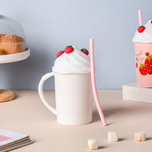 Strawberry Coffee Mug With Lid And Straw 380 ml