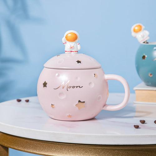 Astronaut Starry Mug With Lid And Spoon Pink 350 ml