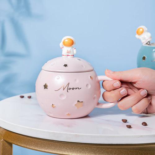 Astronaut Starry Mug With Lid And Spoon Pink 350 ml