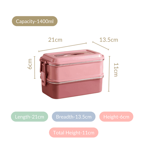 Insulated Bento Lunch Box Double Decker Pink 1400ml