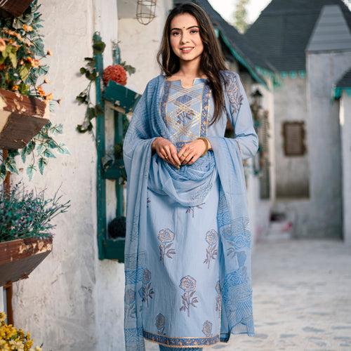 MORNING BLUE ROSE COTTON SUIT