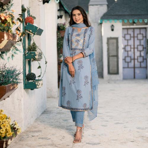 MORNING BLUE ROSE COTTON SUIT