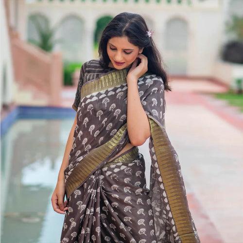 Bagru Chanderi Saree With Zari Border