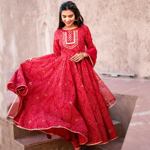 CHERRY RED BANDHANI GOTA WORK CHUDIDAR ANARKALI SET