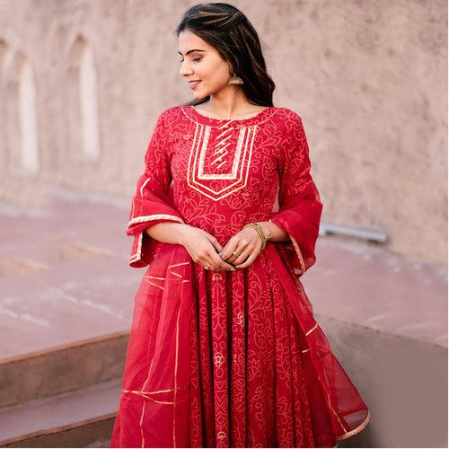 CHERRY RED BANDHANI GOTA WORK CHUDIDAR ANARKALI SET