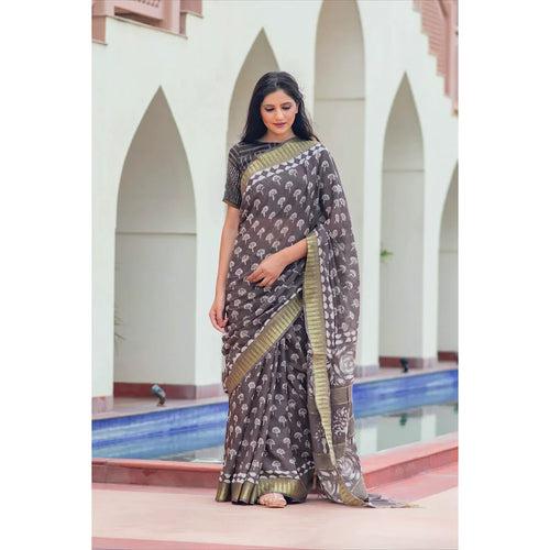 Bagru Chanderi Saree With Zari Border