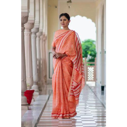 Peach Block Printed Chanderi Sari