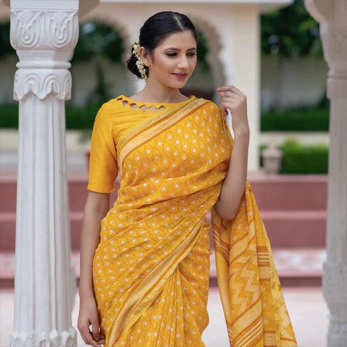 Yellow Block Printed Chanderi Sari