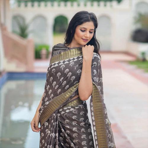 Bagru Chanderi Saree With Zari Border