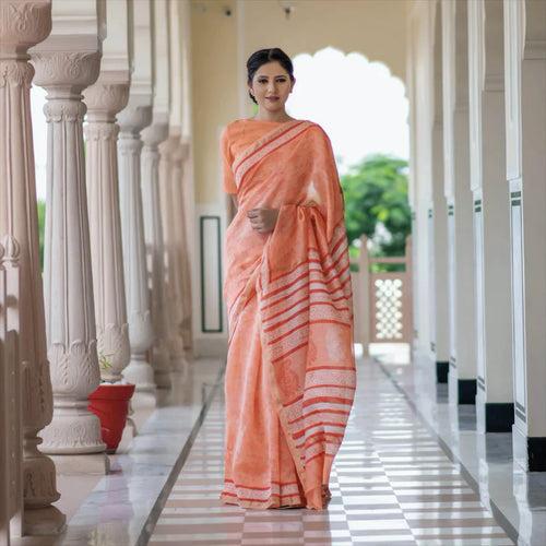 Peach Block Printed Chanderi Sari