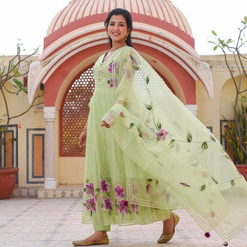 Sunset Pastel Green Hand Painted Anarkali