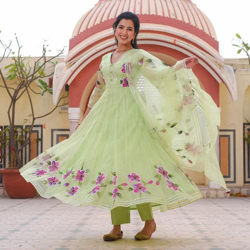 Sunset Pastel Green Hand Painted Anarkali